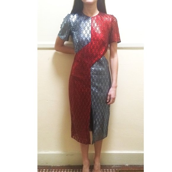 Marco De Vincenzo *CUSTOM DESIGNER* RUNWAY Red Blue Metallic Midi Cocktail Dress - Picture 13 of 16